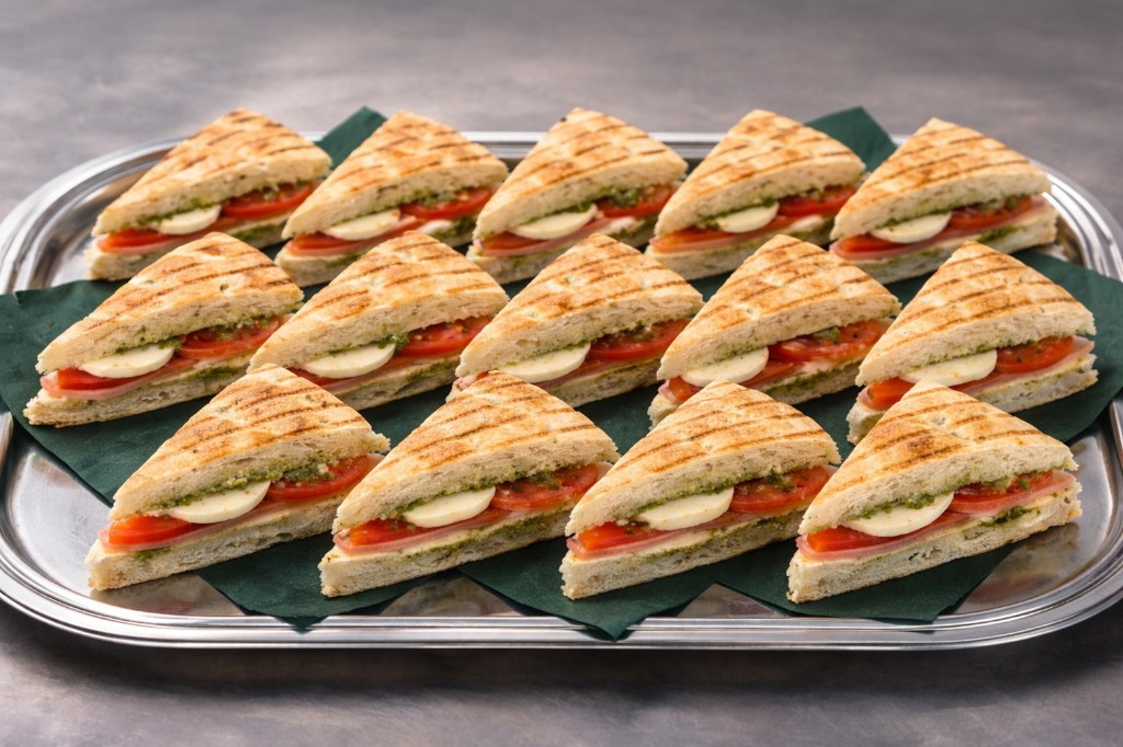 Focaccia-Sandwiches mit Pesto, Mozzarella und Tomate auf einem Tablett.